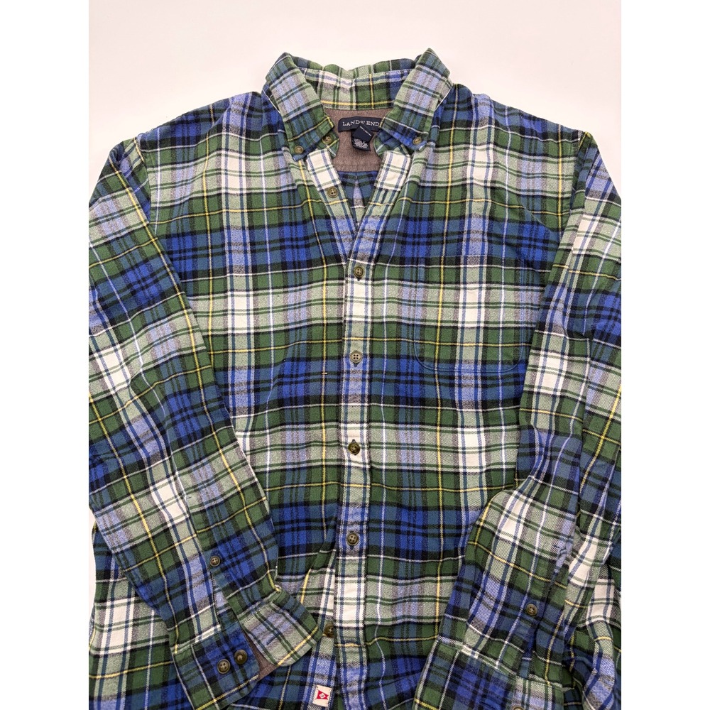 Lands End Mens Flannel Shirt L 16-16.5 Green Blue Plaid Traditional Fit Cotton